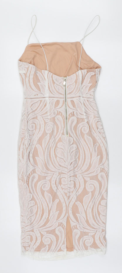 Peace and Love Womens White Floral Polyester Bodycon Size 10 Square Neck Zip