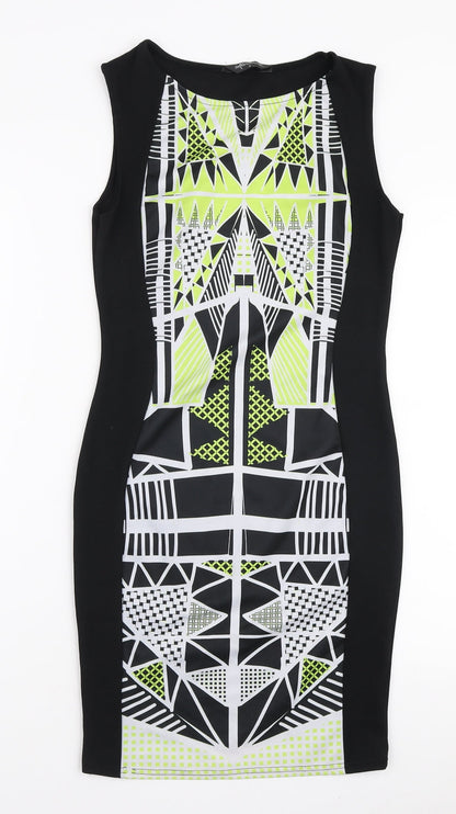 Internacionale Womens Black Geometric Polyester Bodycon Size 8 Boat Neck Pullover