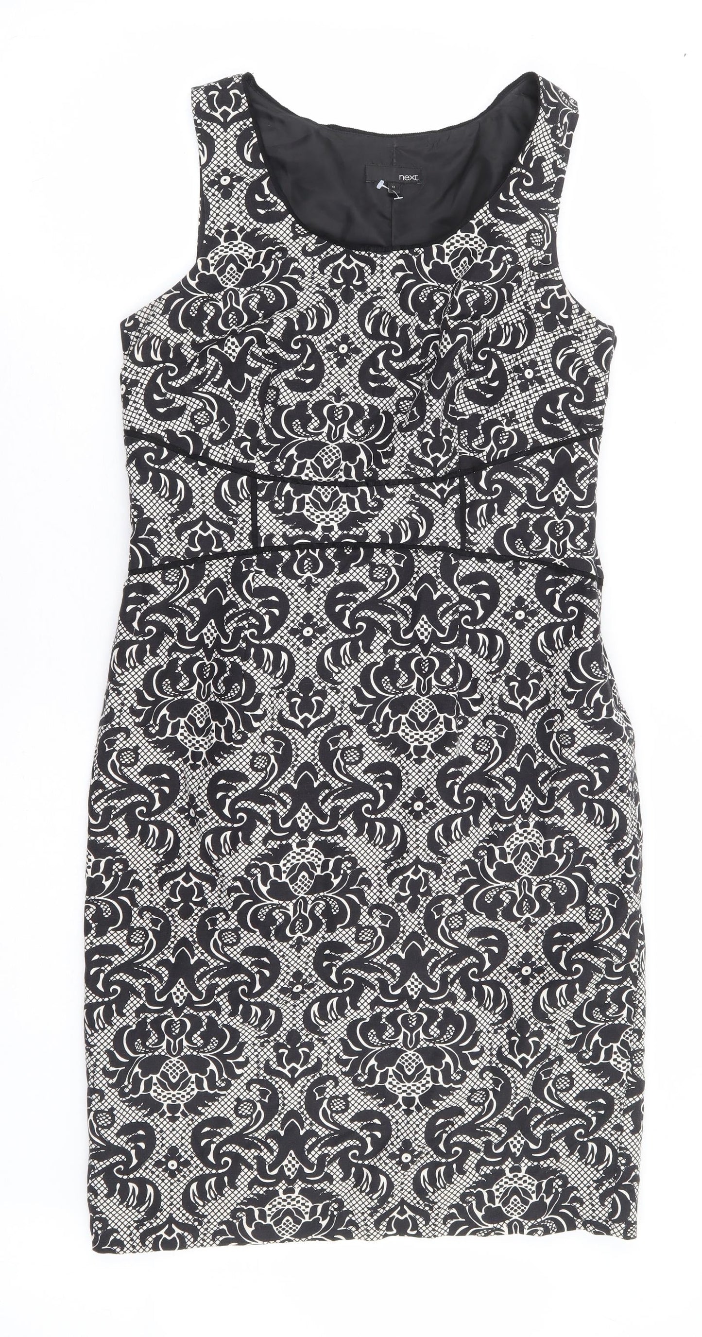 NEXT Womens Black Floral Linen Pencil Dress Size 12 Scoop Neck Zip