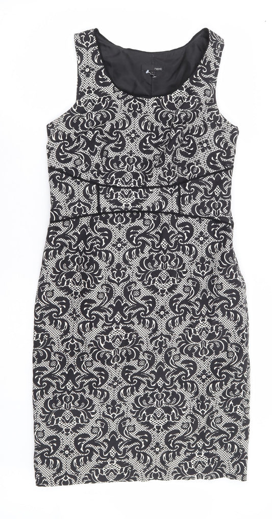 NEXT Womens Black Floral Linen Pencil Dress Size 12 Scoop Neck Zip
