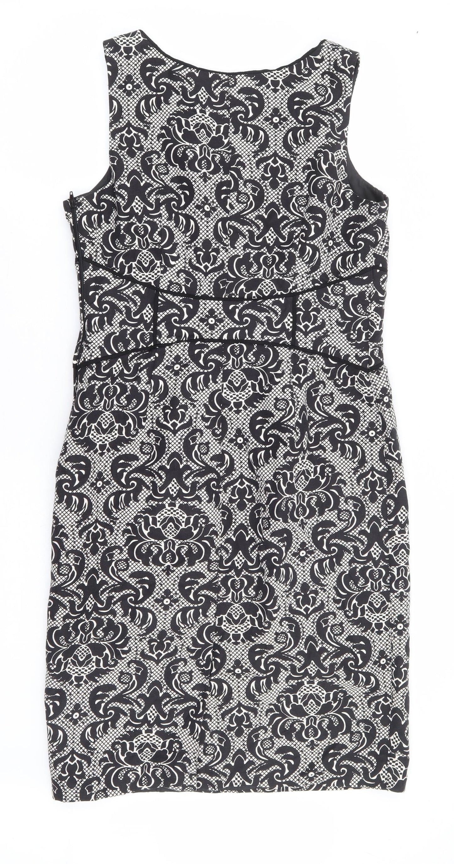 NEXT Womens Black Floral Linen Pencil Dress Size 12 Scoop Neck Zip