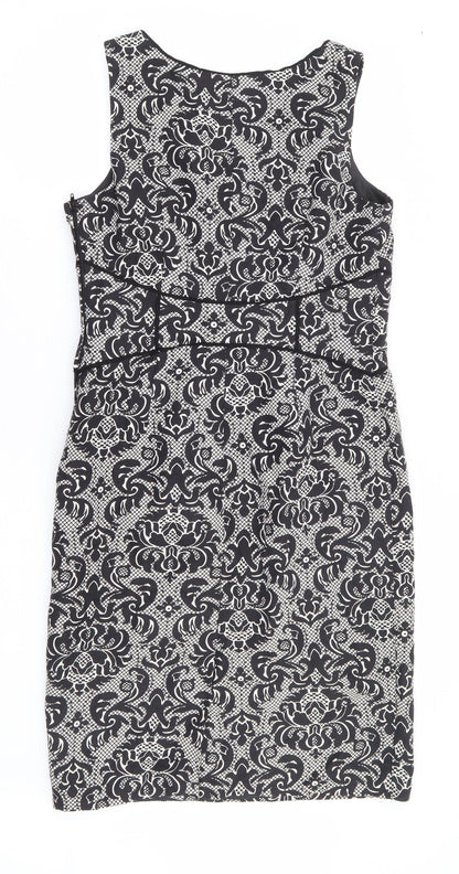 NEXT Womens Black Floral Linen Pencil Dress Size 12 Scoop Neck Zip