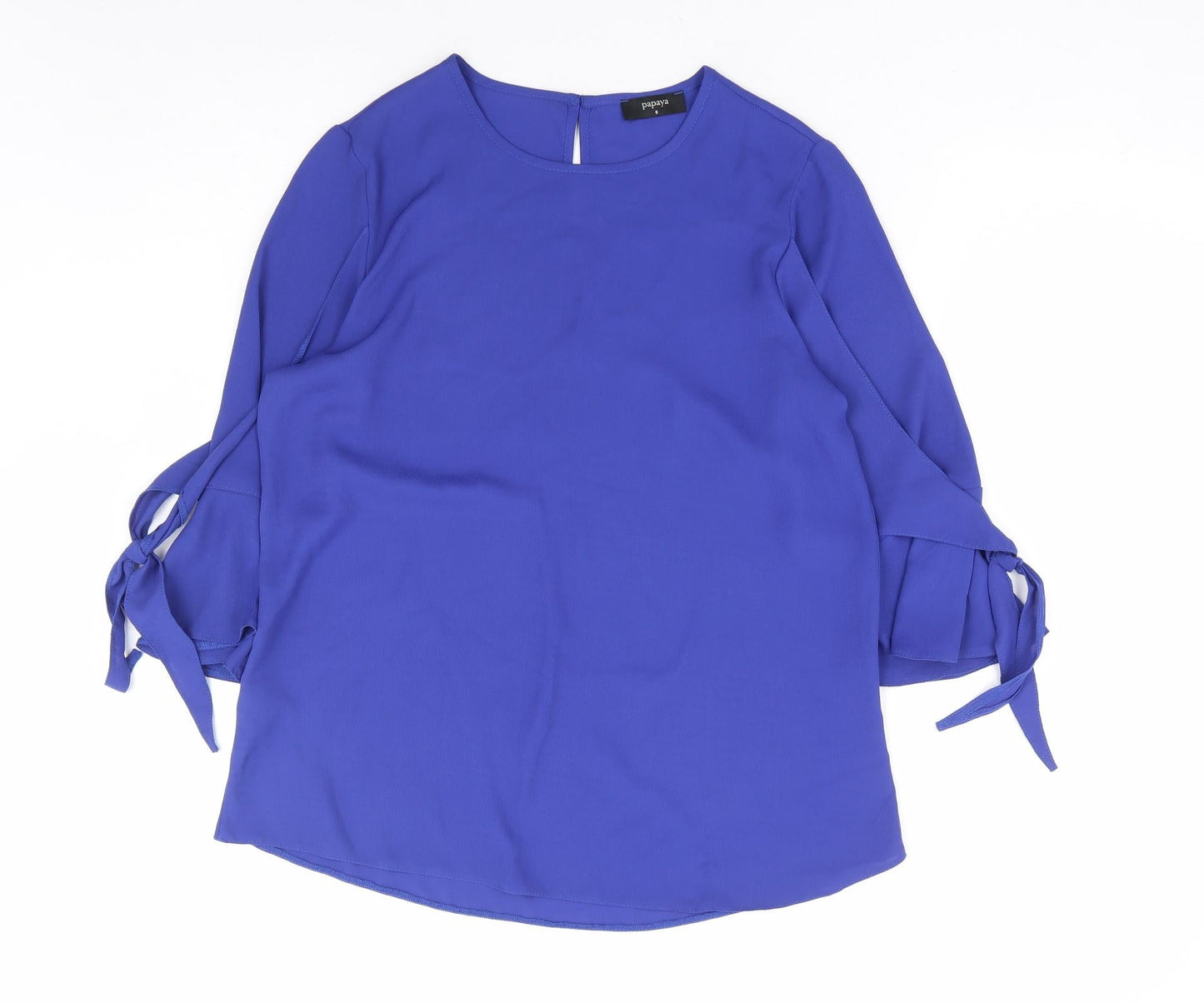 Papaya Womens Blue Polyester Basic Blouse Size 8 Round Neck - Tie Sleeve Detail
