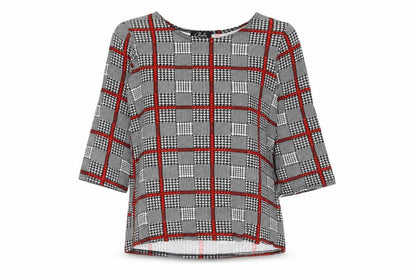Bebo Womens Black Plaid Viscose Basic Blouse Size M Round Neck