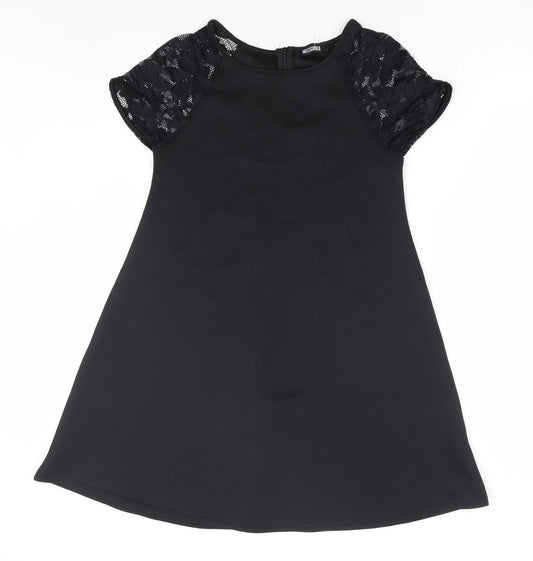 Missguided Womens Black Polyester A-Line Size 10 Round Neck Zip - Lace Sleeve Detail