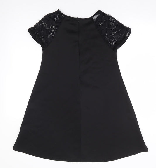Missguided Womens Black Polyester A-Line Size 10 Round Neck Zip - Lace Sleeve Detail