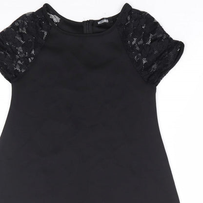Missguided Womens Black Polyester A-Line Size 10 Round Neck Zip - Lace Sleeve Detail