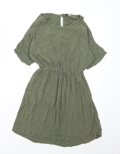 H&M Womens Green Viscose A-Line Size 6 Round Neck Button - Cold Shoulder