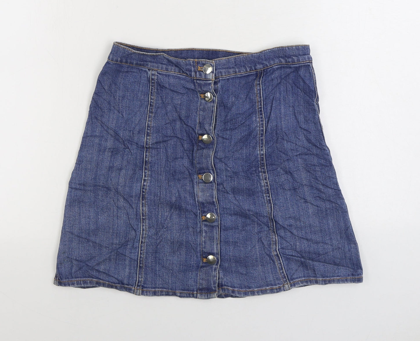 H&M Womens Blue Cotton A-Line Skirt Size 10 Button