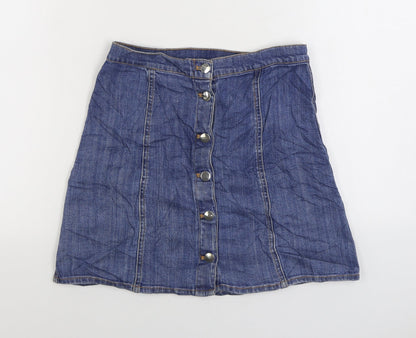 H&M Womens Blue Cotton A-Line Skirt Size 10 Button