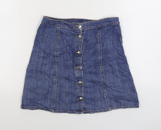 H&M Womens Blue Cotton A-Line Skirt Size 10 Button