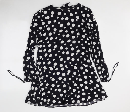 Mango Womens Black Polka Dot Polyester Skater Dress Size M Round Neck Button