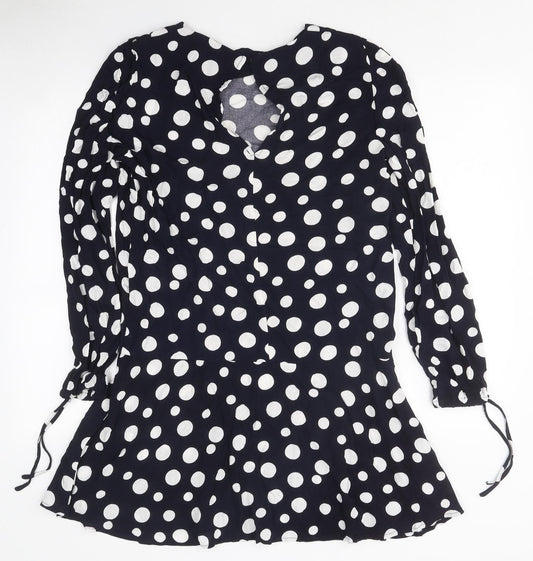 Mango Womens Black Polka Dot Polyester Skater Dress Size M Round Neck Button