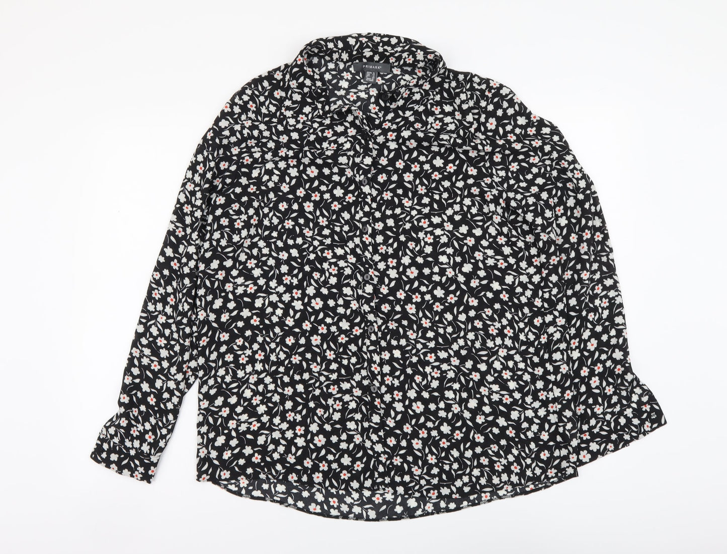 Primark Womens Black Floral Polyester Basic Button-Up Size 16 Collared