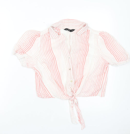 F&F Womens Orange Striped Polyester Cropped Button-Up Size 6 Collared - Tie At Front