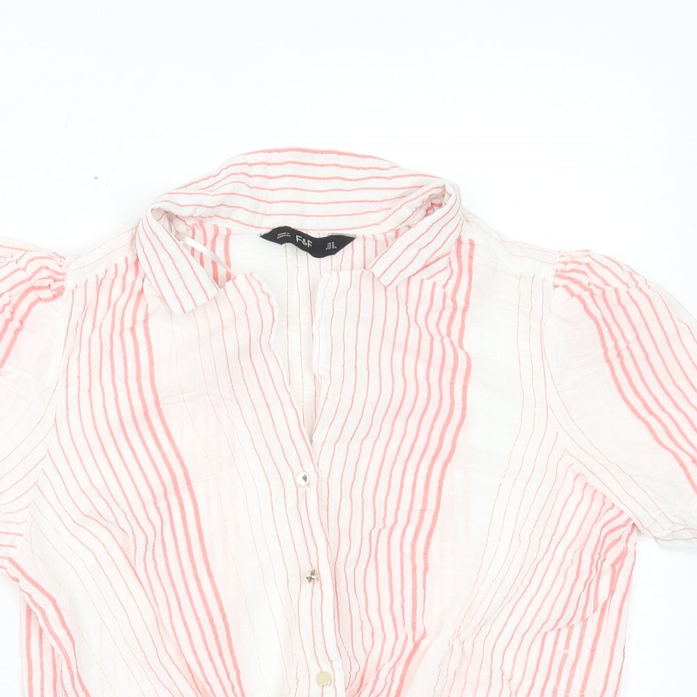 F&F Womens Orange Striped Polyester Cropped Button-Up Size 6 Collared - Tie At Front