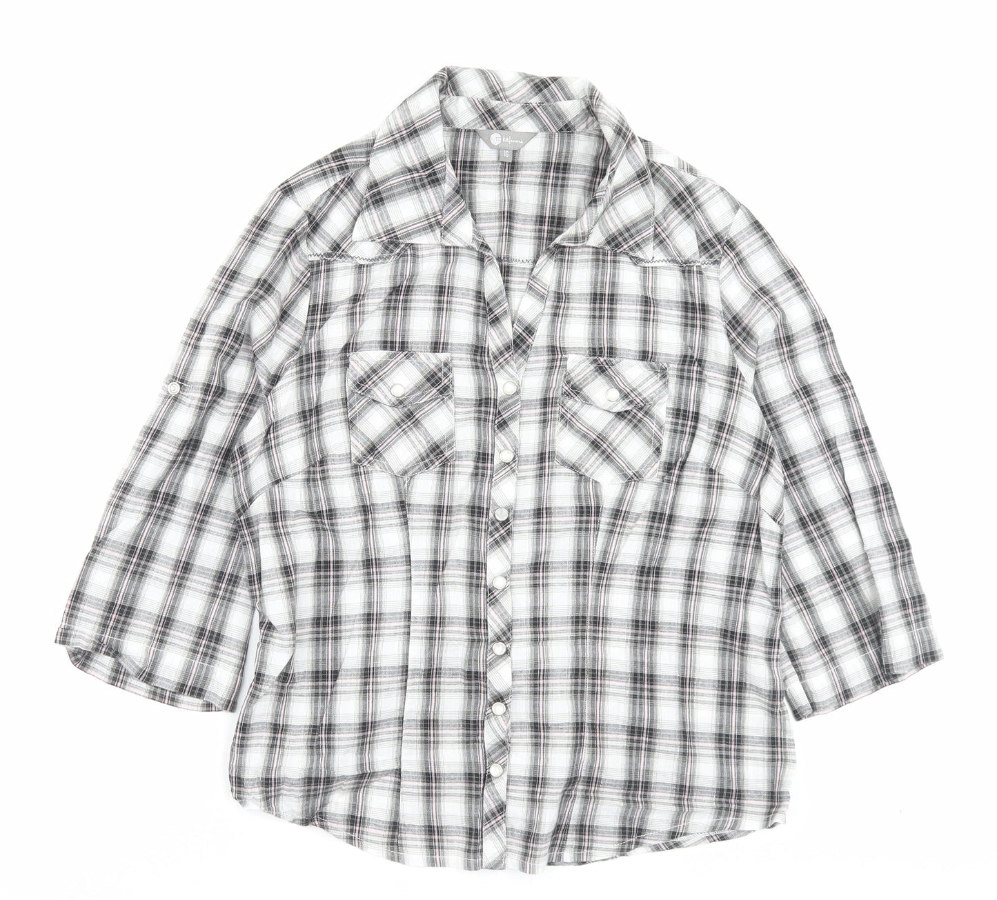 Mia Moda Womens Grey Plaid Cotton Basic Button-Up Size 16 Collared