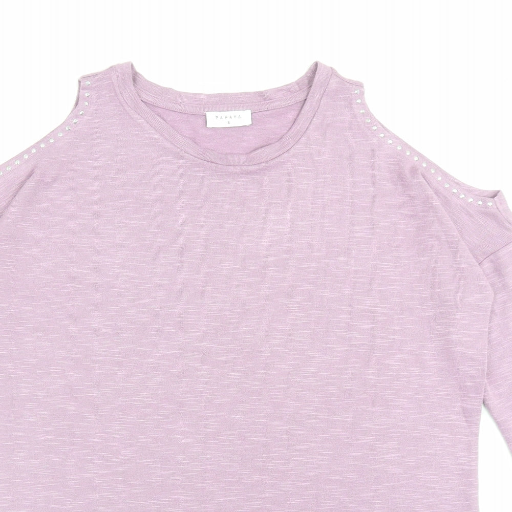 Papaya Womens Purple Viscose A-Line Size S Crew Neck Pullover - Cold Shoulder