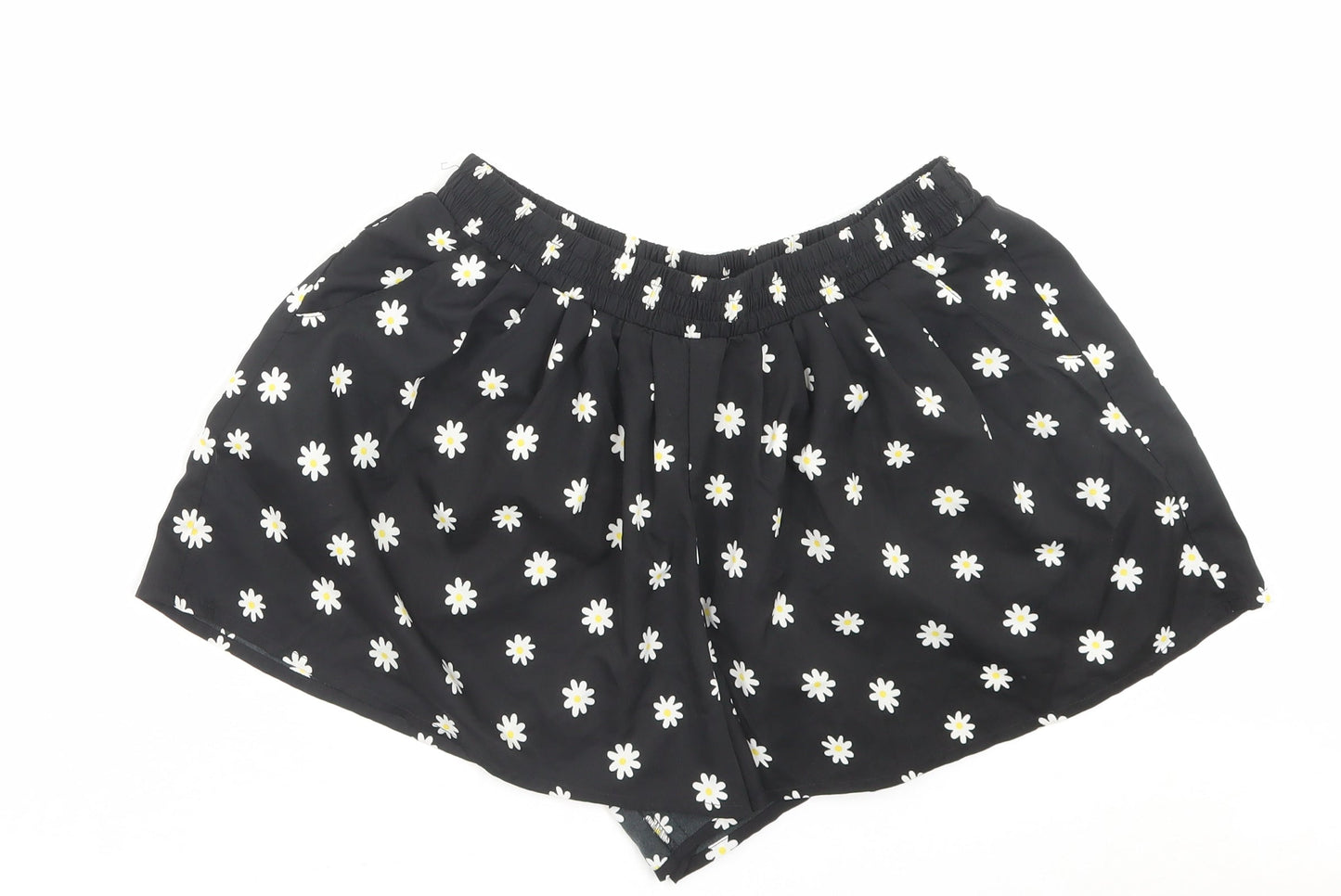 Denim & Co. Womens Black Floral Polyester Paperbag Shorts Size 10 L3 in Regular Pull On