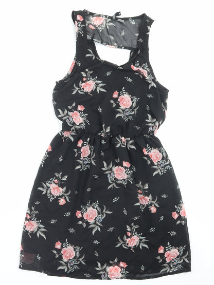 H&M Womens Black Floral Polyester A-Line Size 8 Scoop Neck Pullover