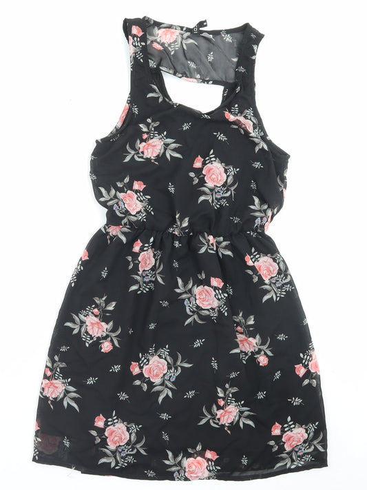 H&M Womens Black Floral Polyester A-Line Size 8 Scoop Neck Pullover