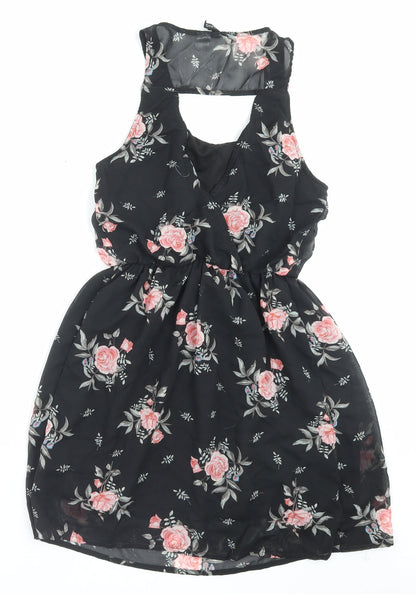H&M Womens Black Floral Polyester A-Line Size 8 Scoop Neck Pullover