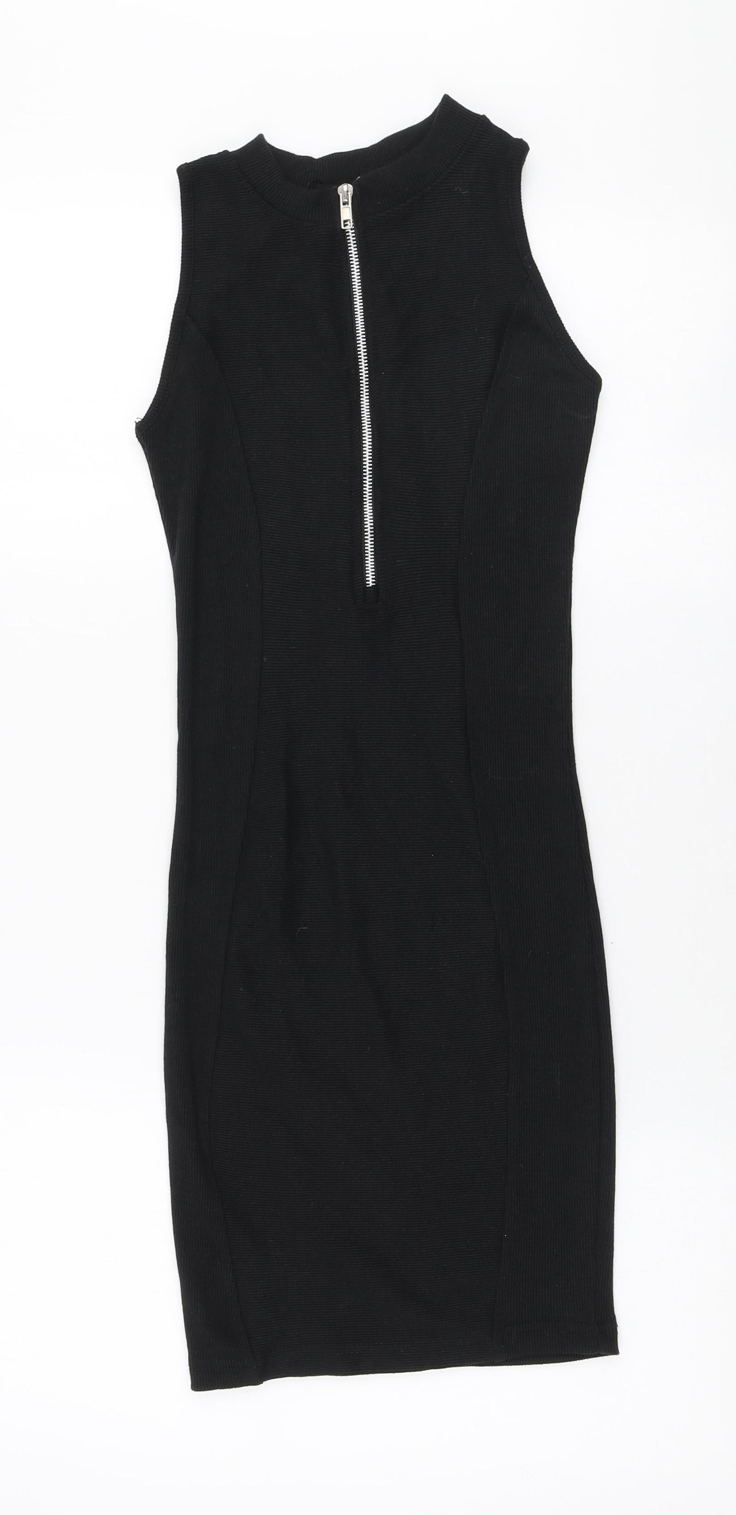 PRETTYLITTLETHING Womens Black Polyester Bodycon Size 4 Round Neck Zip - Ribbed fabric