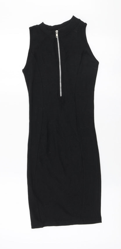 PRETTYLITTLETHING Womens Black Polyester Bodycon Size 4 Round Neck Zip - Ribbed fabric