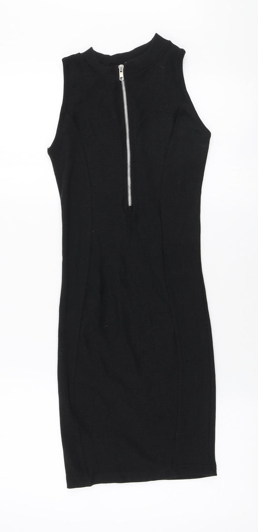 PRETTYLITTLETHING Womens Black Polyester Bodycon Size 4 Round Neck Zip - Ribbed fabric
