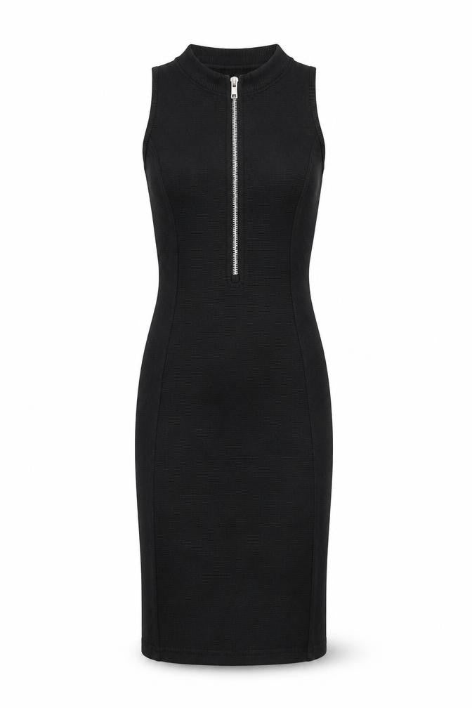 PRETTYLITTLETHING Womens Black Polyester Bodycon Size 4 Round Neck Zip - Ribbed fabric