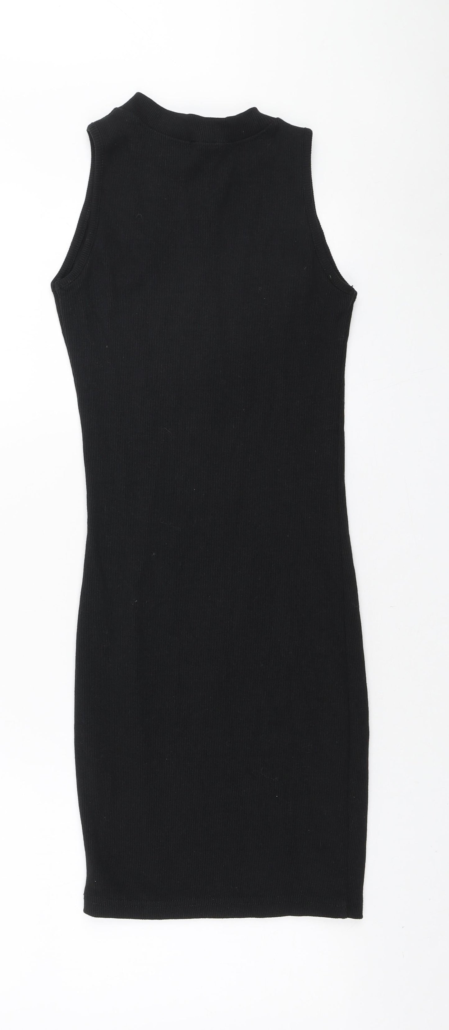 PRETTYLITTLETHING Womens Black Polyester Bodycon Size 4 Round Neck Zip - Ribbed fabric