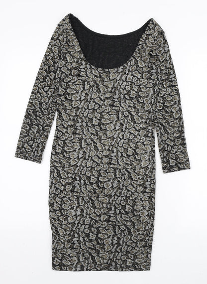 Topshop Womens Black Animal Print Nylon Bodycon Size 10 Boat Neck Pullover - Scoop Back