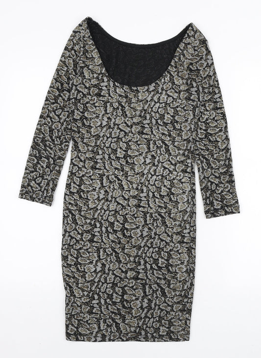 Topshop Womens Black Animal Print Nylon Bodycon Size 10 Boat Neck Pullover - Scoop Back