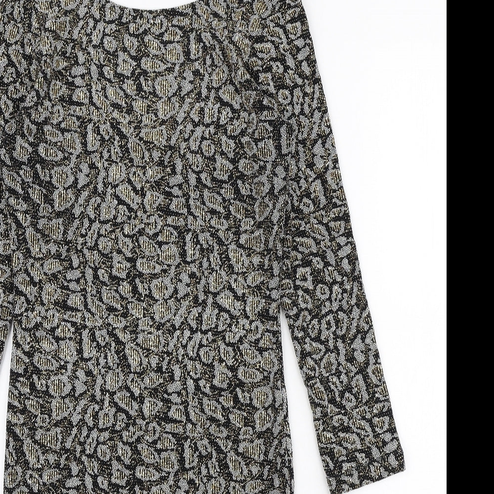 Topshop Womens Black Animal Print Nylon Bodycon Size 10 Boat Neck Pullover - Scoop Back