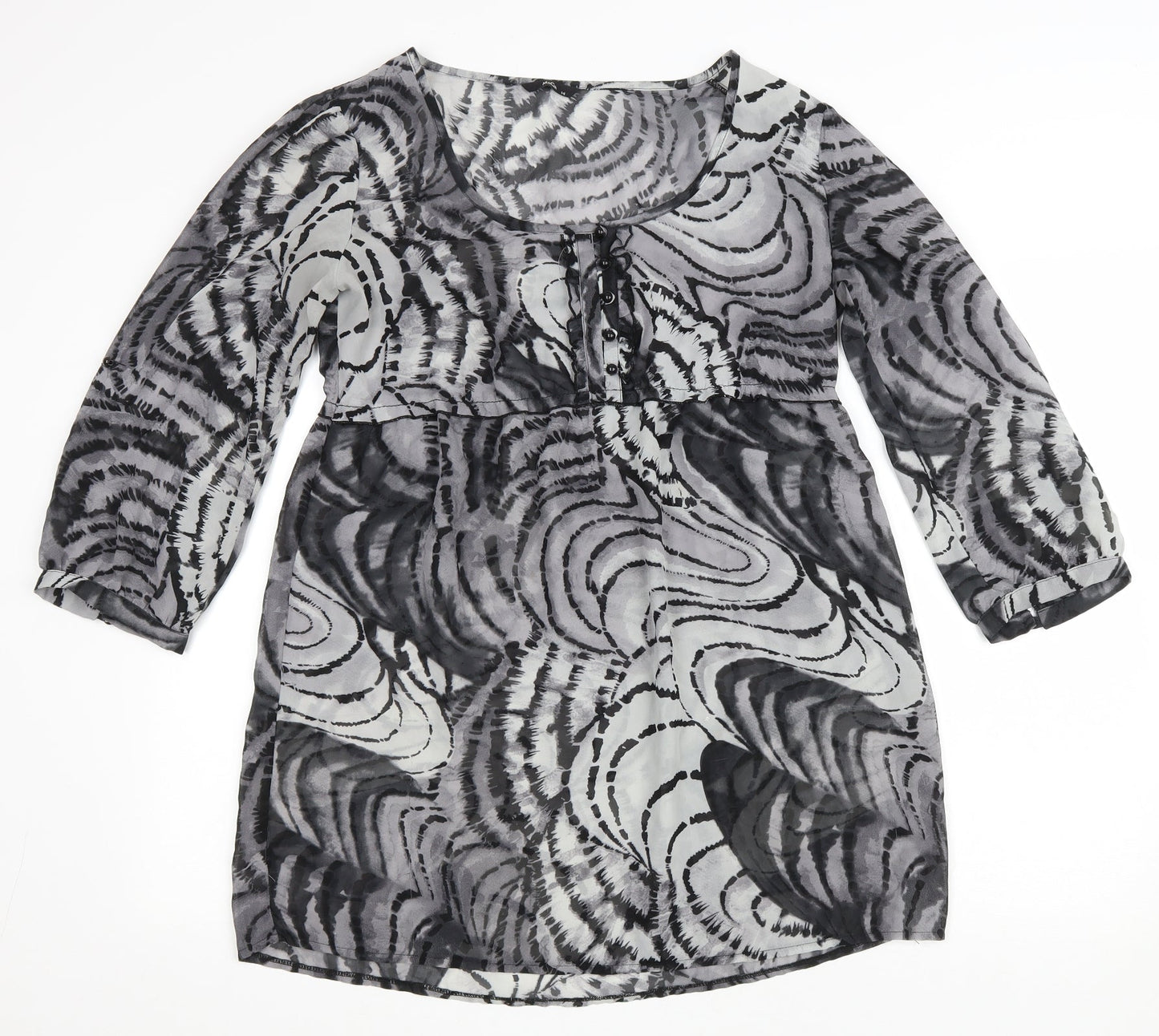 M&Co Womens Grey Geometric Polyester A-Line Size 14 Scoop Neck Button