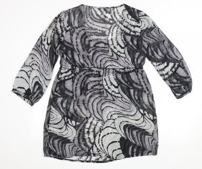 M&Co Womens Grey Geometric Polyester A-Line Size 14 Scoop Neck Button