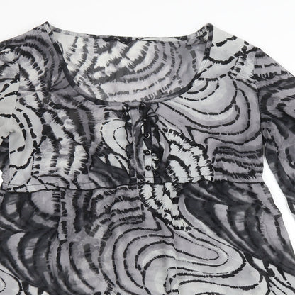 M&Co Womens Grey Geometric Polyester A-Line Size 14 Scoop Neck Button