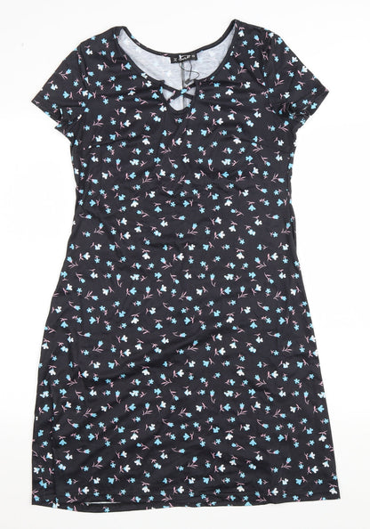 SHEILAY Womens Black Floral Polyester T-Shirt Dress Size M V-Neck Pullover - Lace up detail