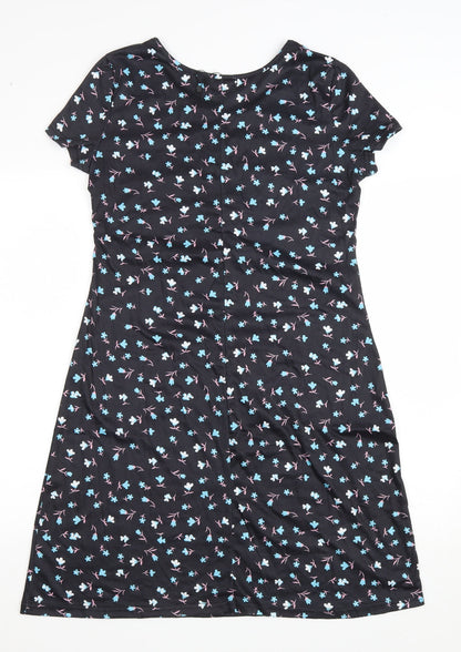 SHEILAY Womens Black Floral Polyester T-Shirt Dress Size M V-Neck Pullover - Lace up detail