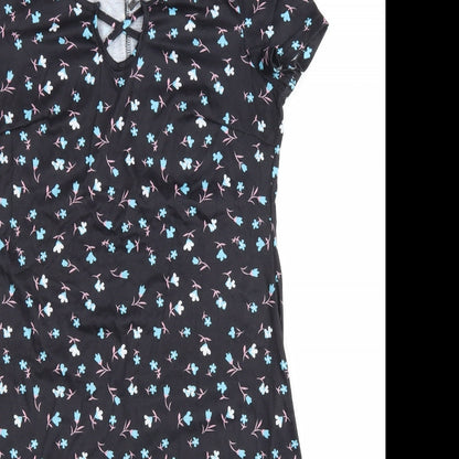SHEILAY Womens Black Floral Polyester T-Shirt Dress Size M V-Neck Pullover - Lace up detail