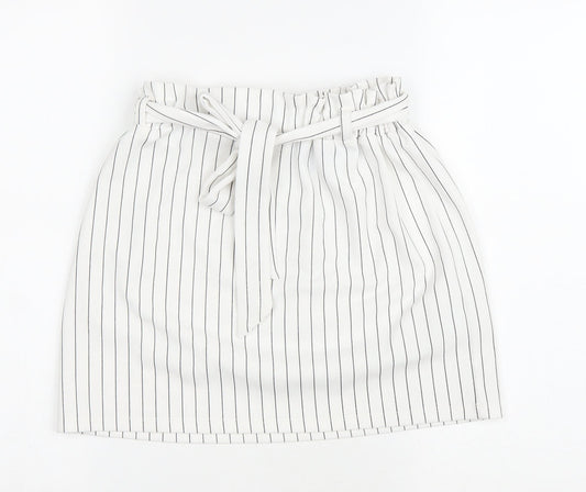 New Look Womens White Striped Polyester A-Line Skirt Size 6 Drawstring - Belted