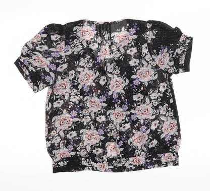 Pins and Needles Womens Black Floral Polyester Basic Button-Up Size M Scoop Neck