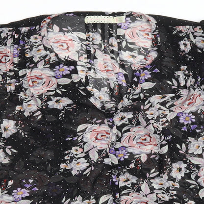 Pins and Needles Womens Black Floral Polyester Basic Button-Up Size M Scoop Neck
