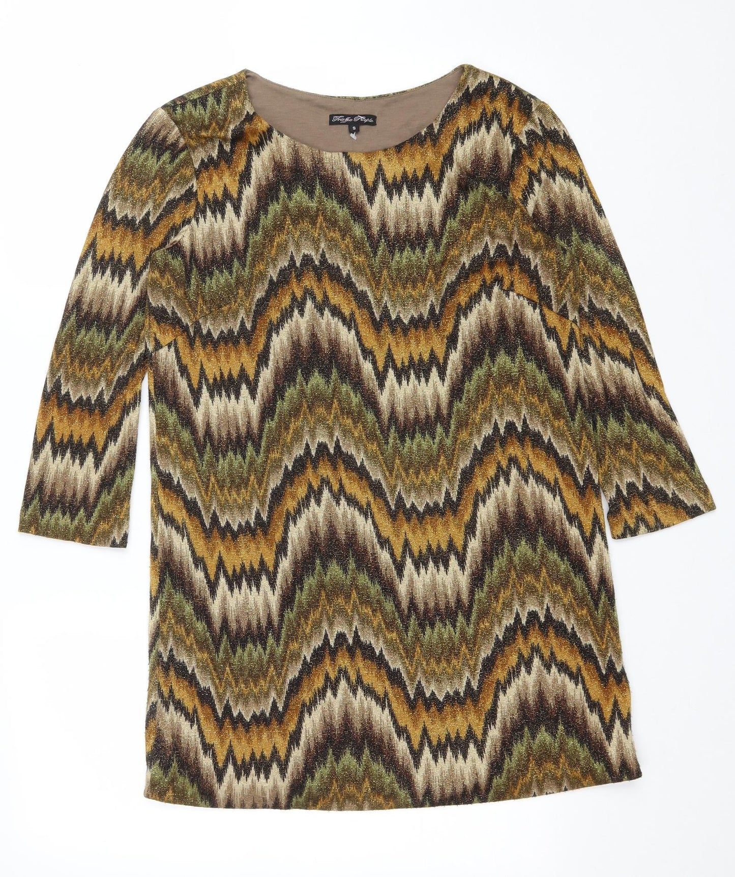 Traffic People Womens Brown Geometric Polyester A-Line Size M Scoop Neck Pullover