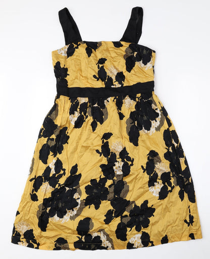 Marks and Spencer Womens Yellow Floral 100% Cotton A-Line Size 12 Square Neck Zip