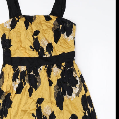 Marks and Spencer Womens Yellow Floral 100% Cotton A-Line Size 12 Square Neck Zip