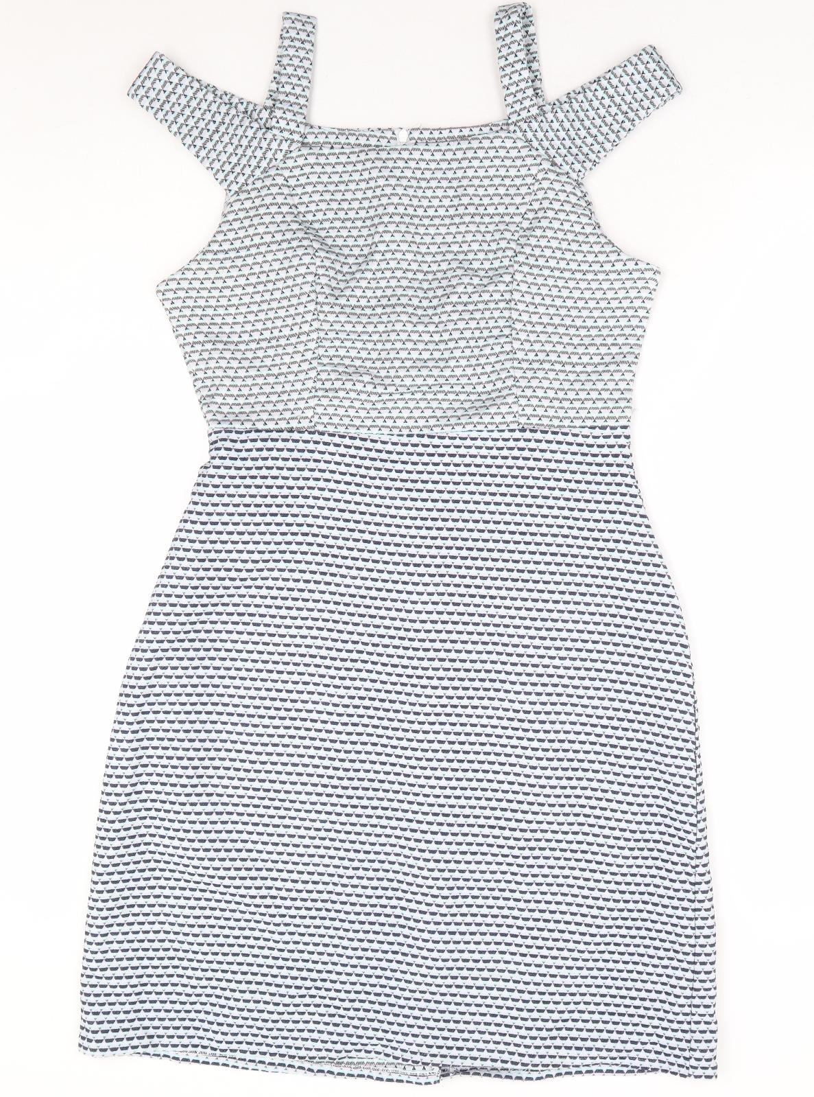 Real Form London Womens Blue Geometric Polyester A-Line Size 12 Square Neck Zip - Cold Shoulder Detail