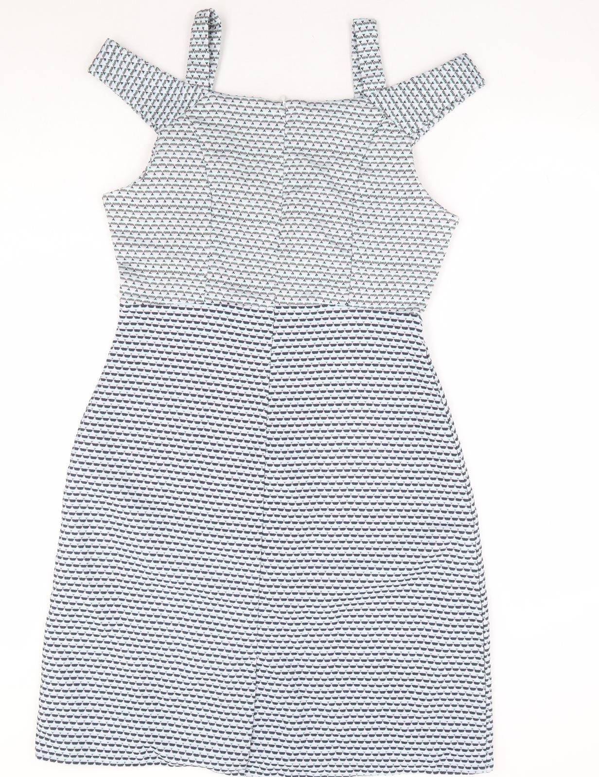 Real Form London Womens Blue Geometric Polyester A-Line Size 12 Square Neck Zip - Cold Shoulder Detail