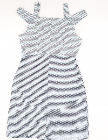 Real Form London Womens Blue Geometric Polyester A-Line Size 12 Square Neck Zip - Cold Shoulder Detail