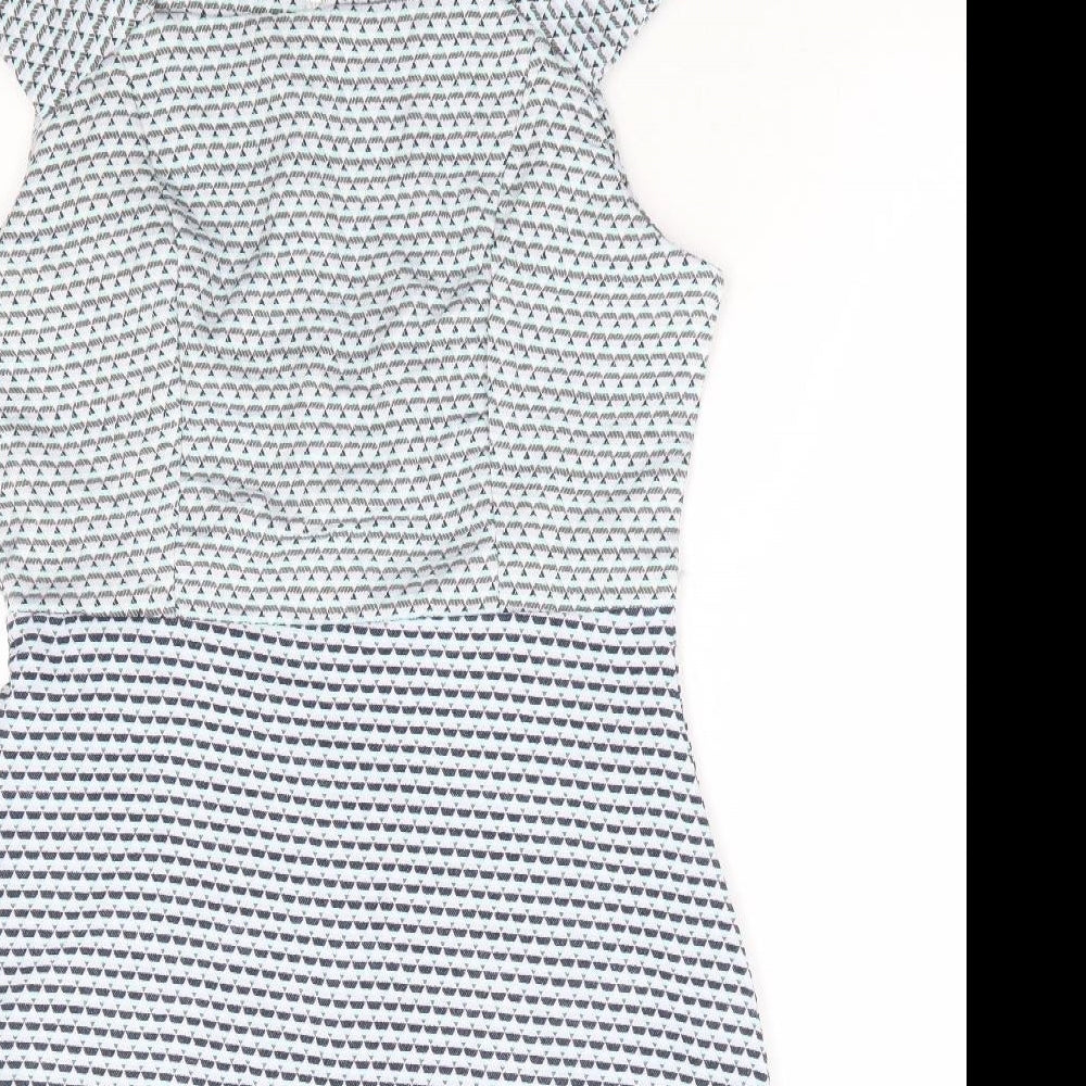 Real Form London Womens Blue Geometric Polyester A-Line Size 12 Square Neck Zip - Cold Shoulder Detail